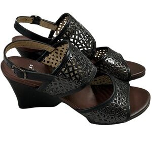 Audley Black and Pewter Cutout Leather Sandals, New in Box